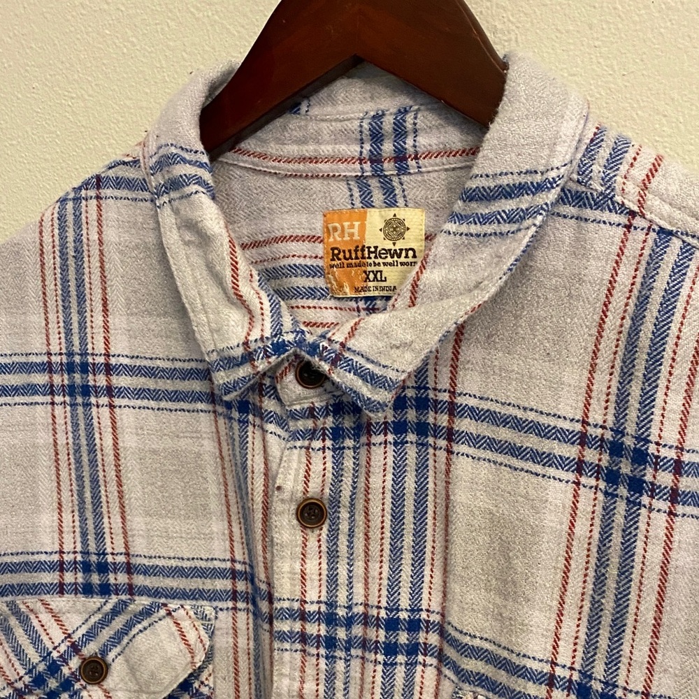 Ruff Hewn Men's White Long Sleeve Flannel Shirt with Blue and Red Stripes.  XXL